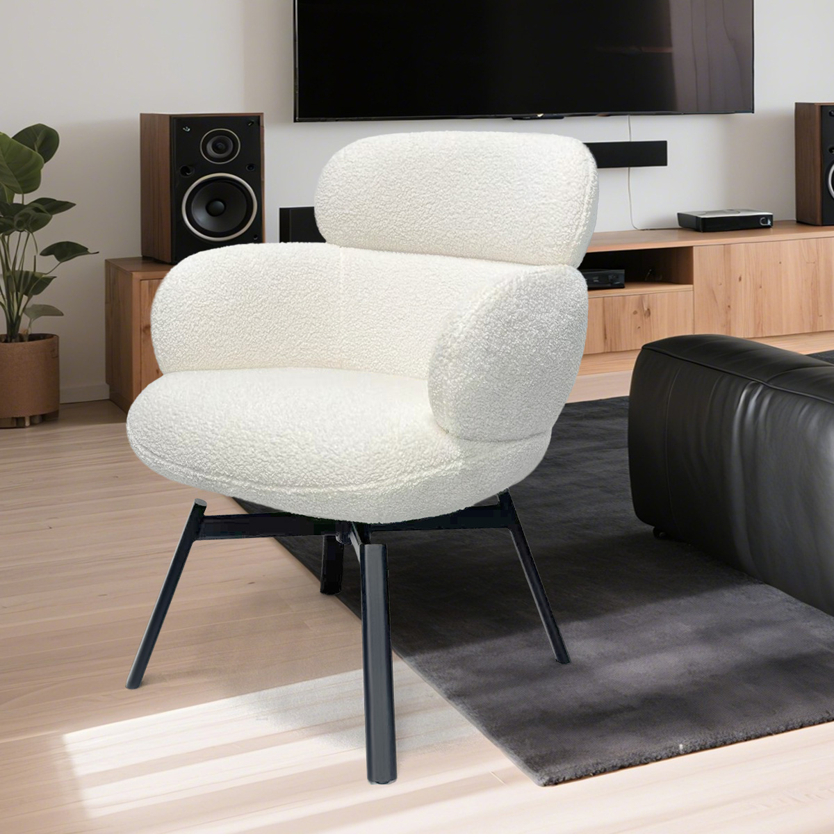 Modern White Bouclé/Teddy Fleece Fabric Swivel Lounge Chair med extra breda säte och metallben