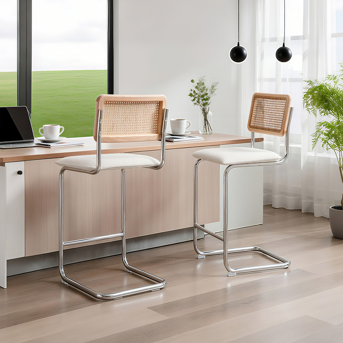 Rotting Back Boucle Bar -stol med kromkantig bas-Midhundratalet Modern Counter Height Chair