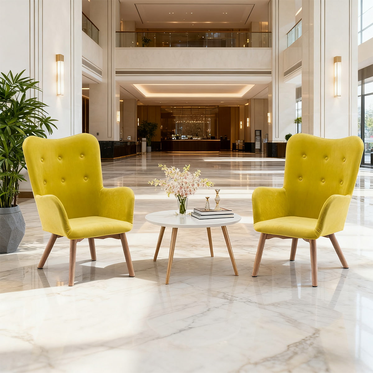 Modern gul sammetsfåtölj – tuftad fritidsstol med vingrygg med träben och armstöd för vardagsrum, sovrum eller kontor