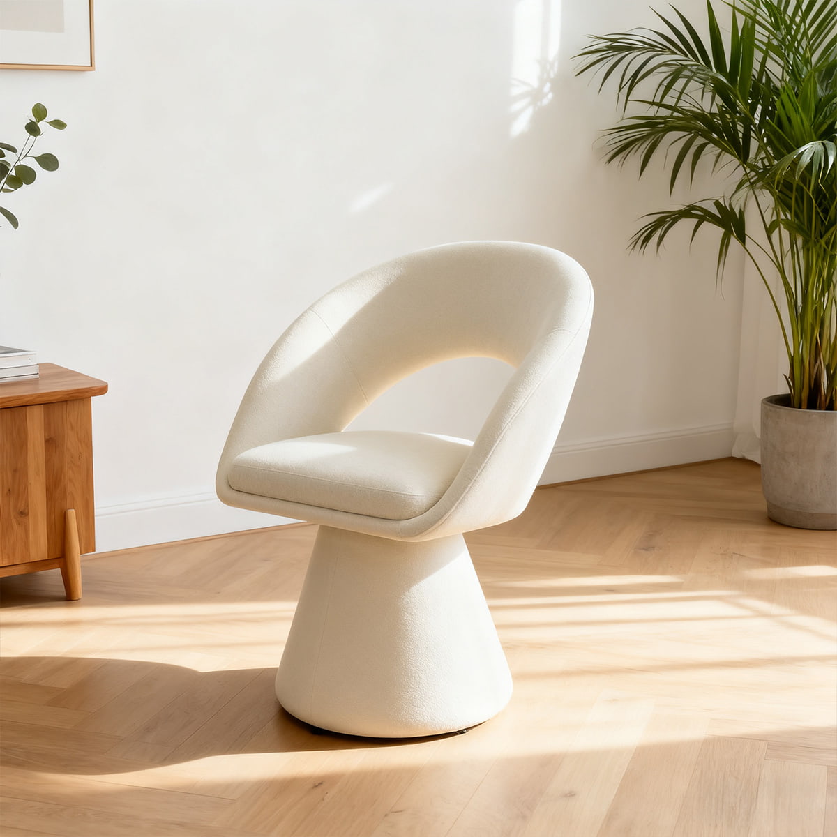Modern böjd design Swivel Cream White Teddy Velvet Accent Chair – 360° roterande stoppad mat- och fritidsstol med ihåligt ryggstöd